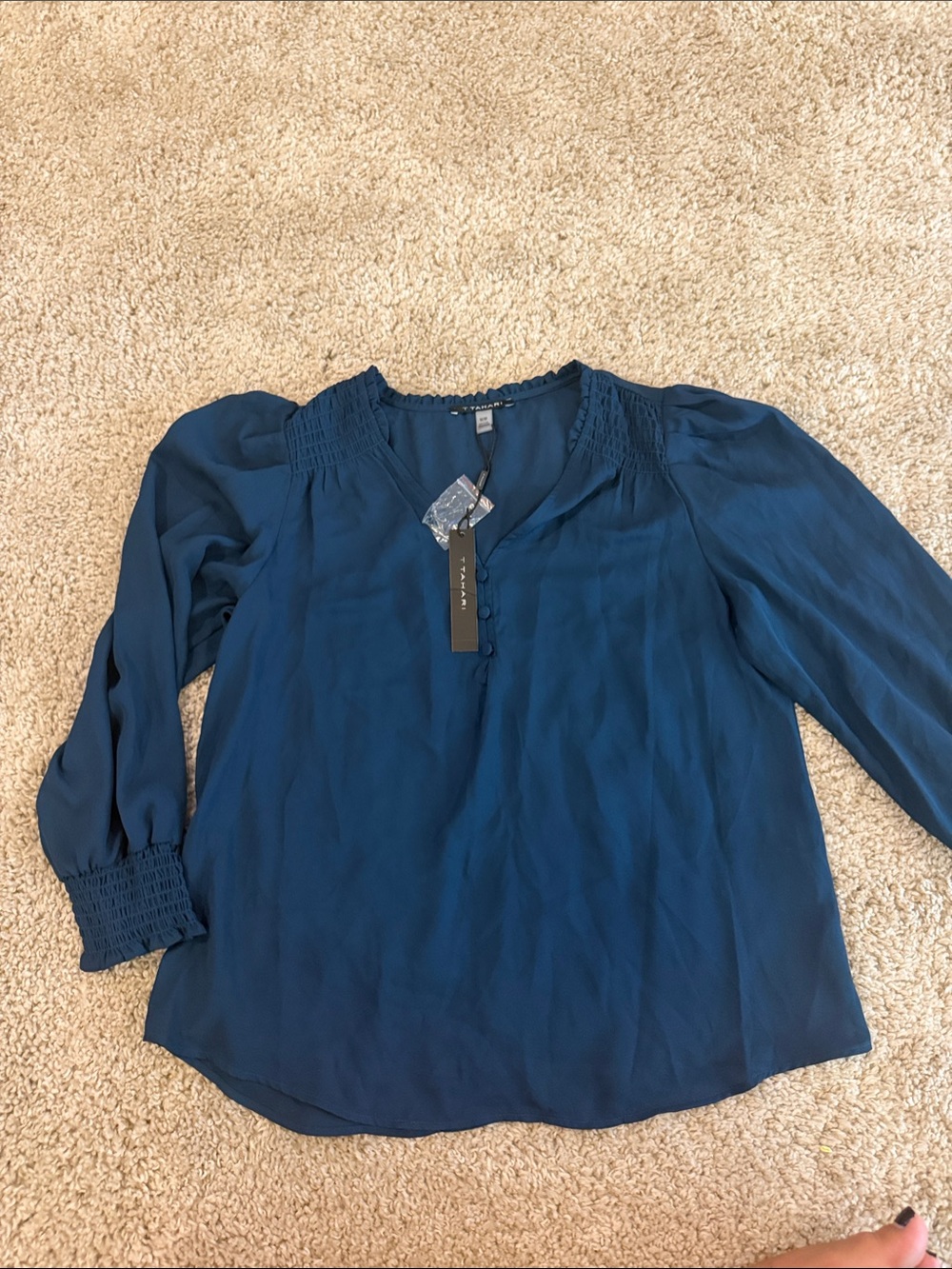 T Tahari Dark Teal Blue Long-Sleeve V-Neck Blouse NWT